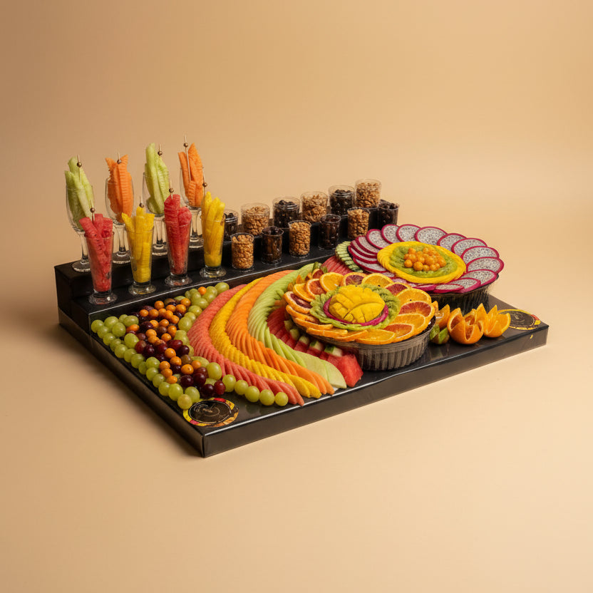 Colorful fruit platter with various fruits  on a table in an indoor setting.